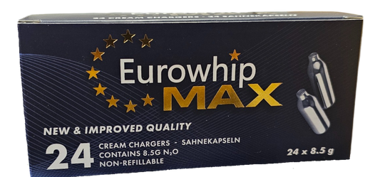 Verpackung mit 24 Eurowhip MAX 8,5g Sahnekapseln, ideal für professionelle Küchen.
